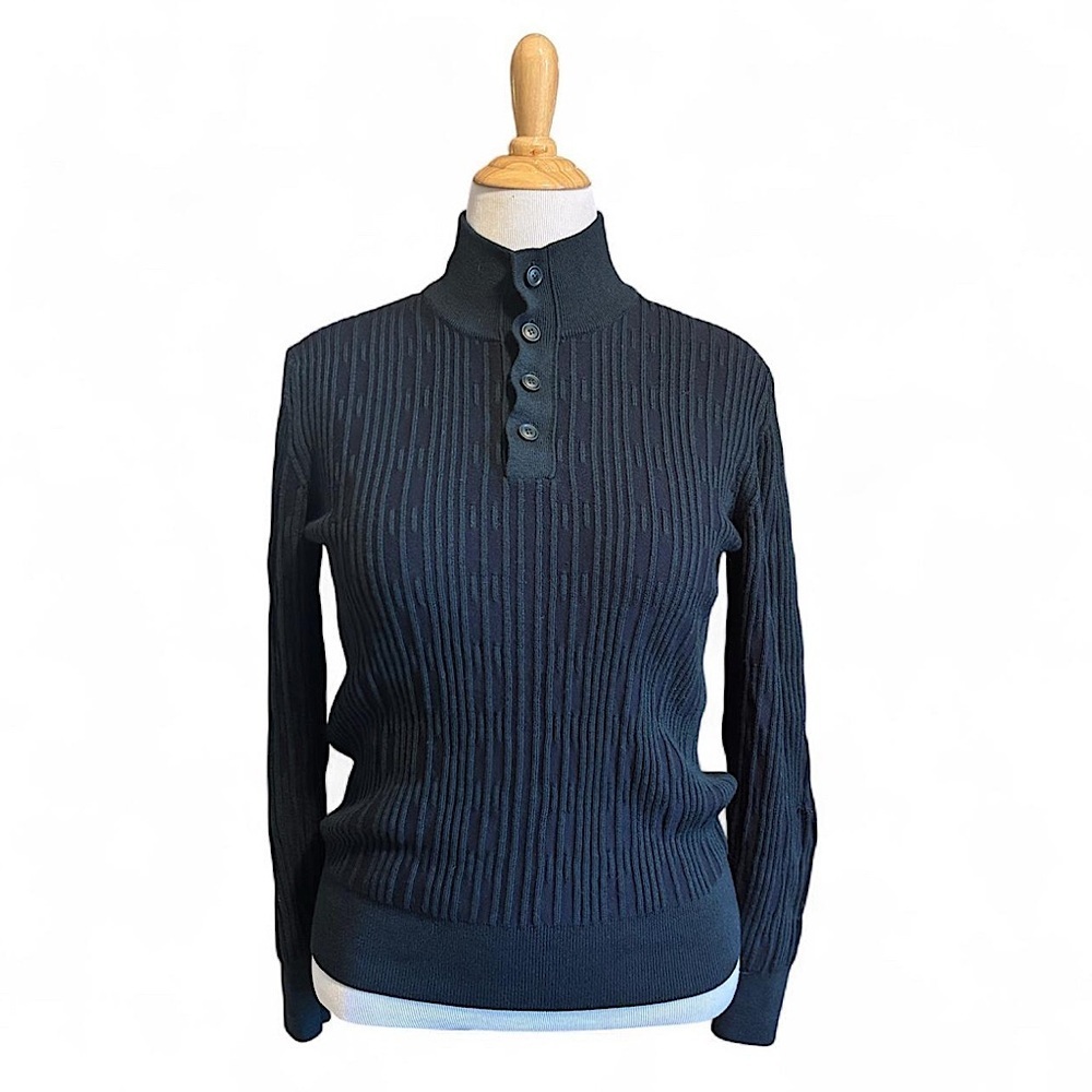 Ferrante Italy Merino Wool Sweater Sz M Blue Green 3D Knit Button Mock Neck READ